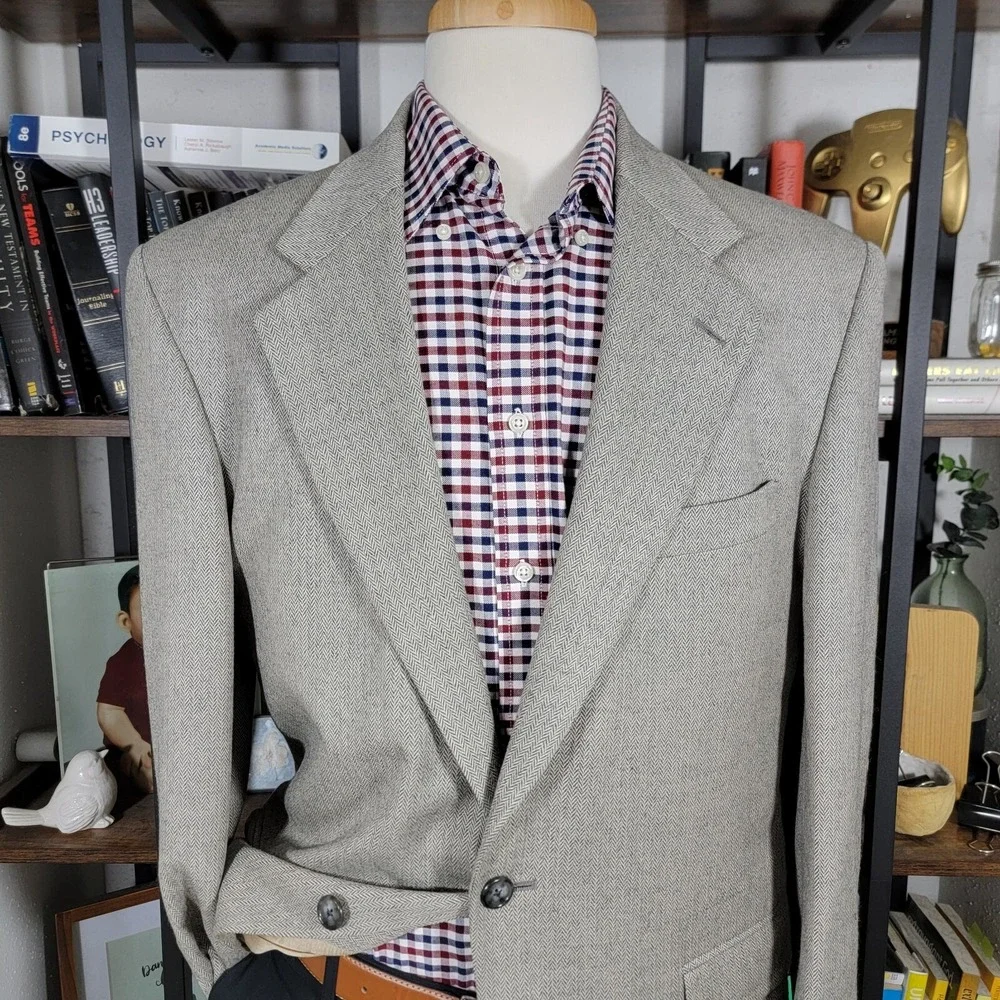 Lands‎ End Men's Sport Coat Blazer Two Button Herringbone Beige Wool Size 41R